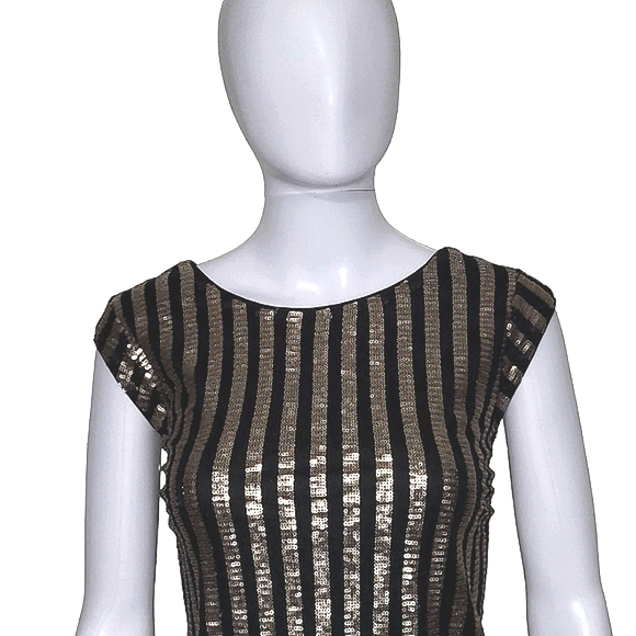 ALI & Jay black gold copper sequins stripes deep V back mini dress size medium - Picture 2 of 11